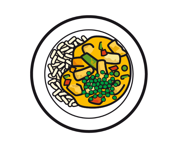 BRÄTCHÜGELI AN CURRYSAUCE MIT REIS UND ERBSLI / ALTERNATIVE: VEGI-CURRY MIT TOFU