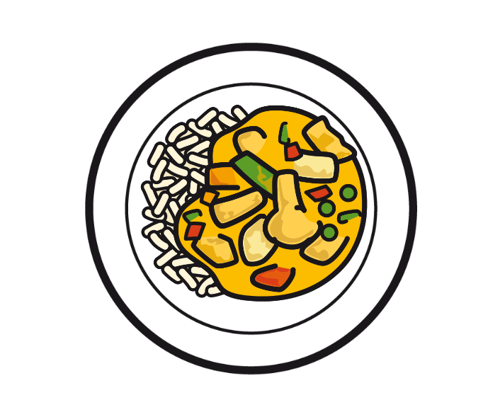 POULETGESCHNETZELTES AN CURRYSAUCE MIT REIS UND ZUCCHETTI / ALTERNATIVE: LINSEN-CURRY
